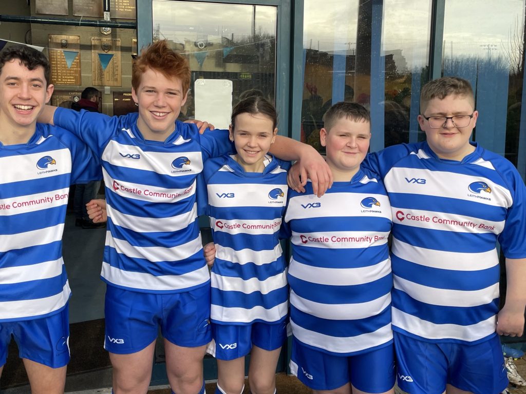 Young people wearing Leith Rugby Castle Community Bank sponsored shirts