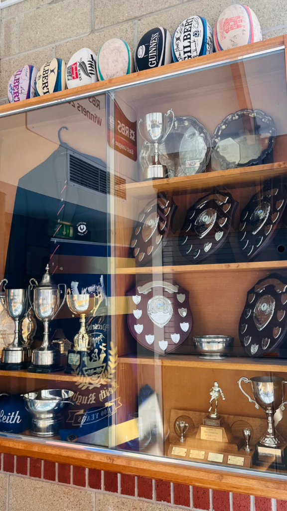 Trophy cabinet in Leith Rugby club room 