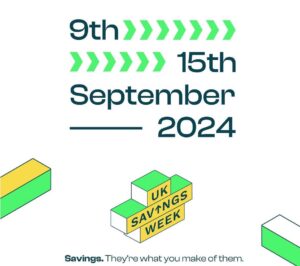 Graphic flyer green yellow and white for UK Savings Week